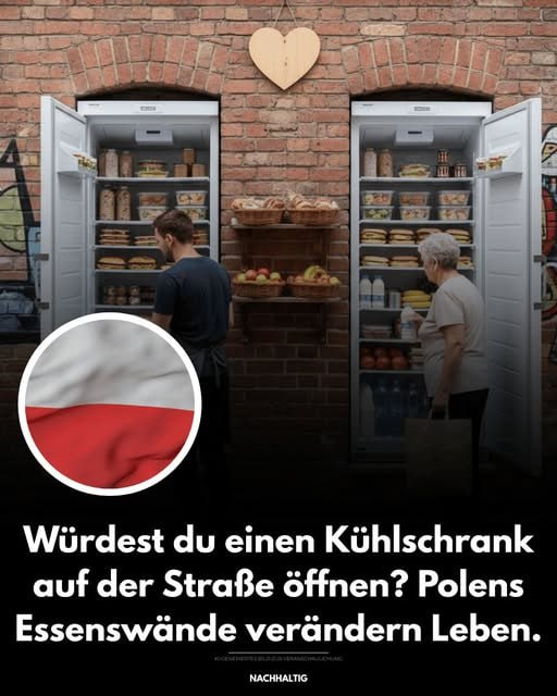 In Polen entstehen still und leise Lebensmittelwände – öffentliche Kühlschränke, rund um die Uhr zugänglich, gefüllt von Cafés, Bäckereien und Geschäften mit frischen Lebensmitteln und Überschüssen. 
Jeder kann nehmen, was er braucht, und geben, was er kann. 
Freiwillige sorgen