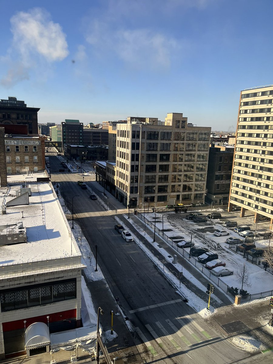 Streets is deserted in downtown Minneapolis. Not a soul in sight