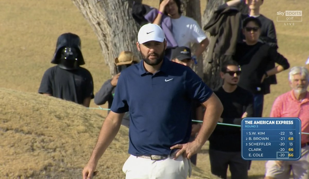 flushingitgolf's tweet image. There’s a dude in the crowd following round Scottie Scheffler at the AmEx with a Darth Vadar mask on 😅