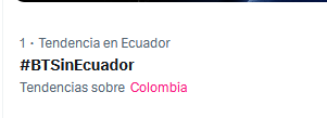 Hyyh_Ecu7's tweet photo. - Somos 1 en Tendencias en Ecuador con #BTSinEcuador 🥳
Por cierto ya no se puede etiquetar aquí en X a cuentas del Estado (posiblemente ya se enteraron) pero si @. 🔥 

BTS IN ECUADOR 2026 - 2027 🇪🇨 
#BTSenEcuador 
#BTS_WORLDTOUR_ARIRANG 
#BTS_WORLDTOUR_ARIRANG_ECUADOR https://t.co/d9nmamIPHK