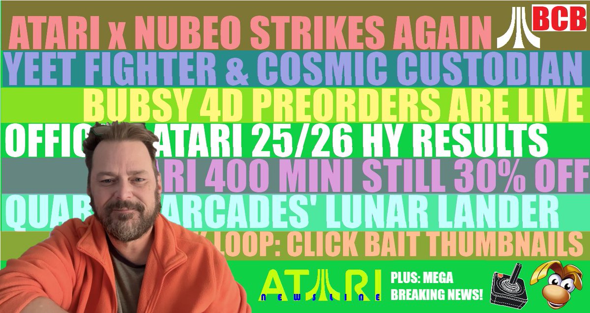 ballistikcoffee's tweet photo. NOW on #AtariNewsline! 8 #Atari Stories! @atari x #Nubeo strikes again! NEW #Watch + #YeetFighter &amp; #CosmicCustodian on #VCS + #Bubsy4D Preorders+ HY 25/26 #Financials + #400mini still 30% off? + #QuarterArcades' #LunarLander + #Clickbait! + #Rayman? Link: https://t.co/B4JtNnwUAu https://t.co/IUNy6fMuAv