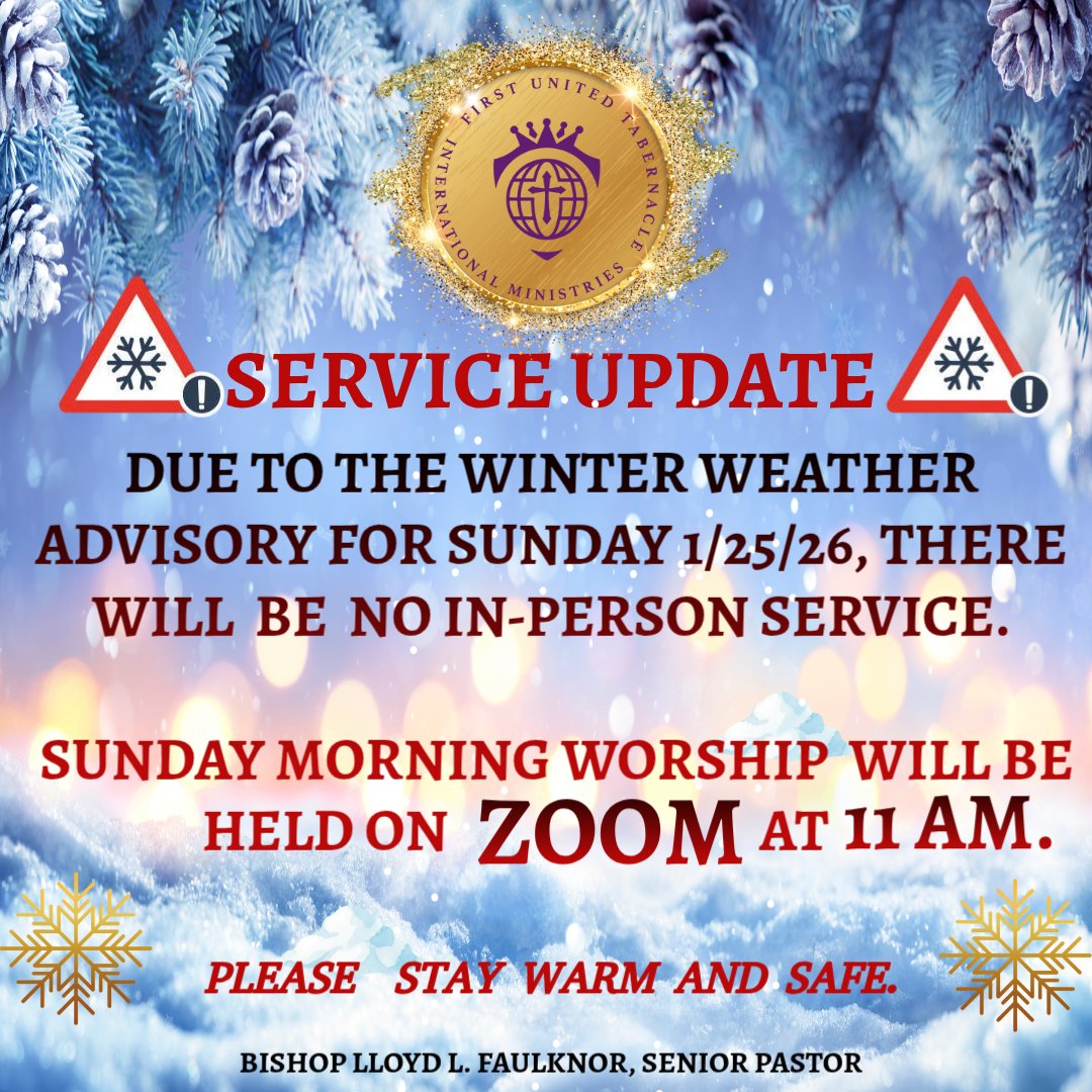 futimnj's tweet photo. ❄️ Service Update – Sunday 1/25/26 ❄️
Due to the Winter Weather Advisory, there will be no in-person church service.
👉 Please join us on Zoom at 11:00 AM as we worship together online.
Stay safe and warm! https://t.co/uNqxV6YWmJ