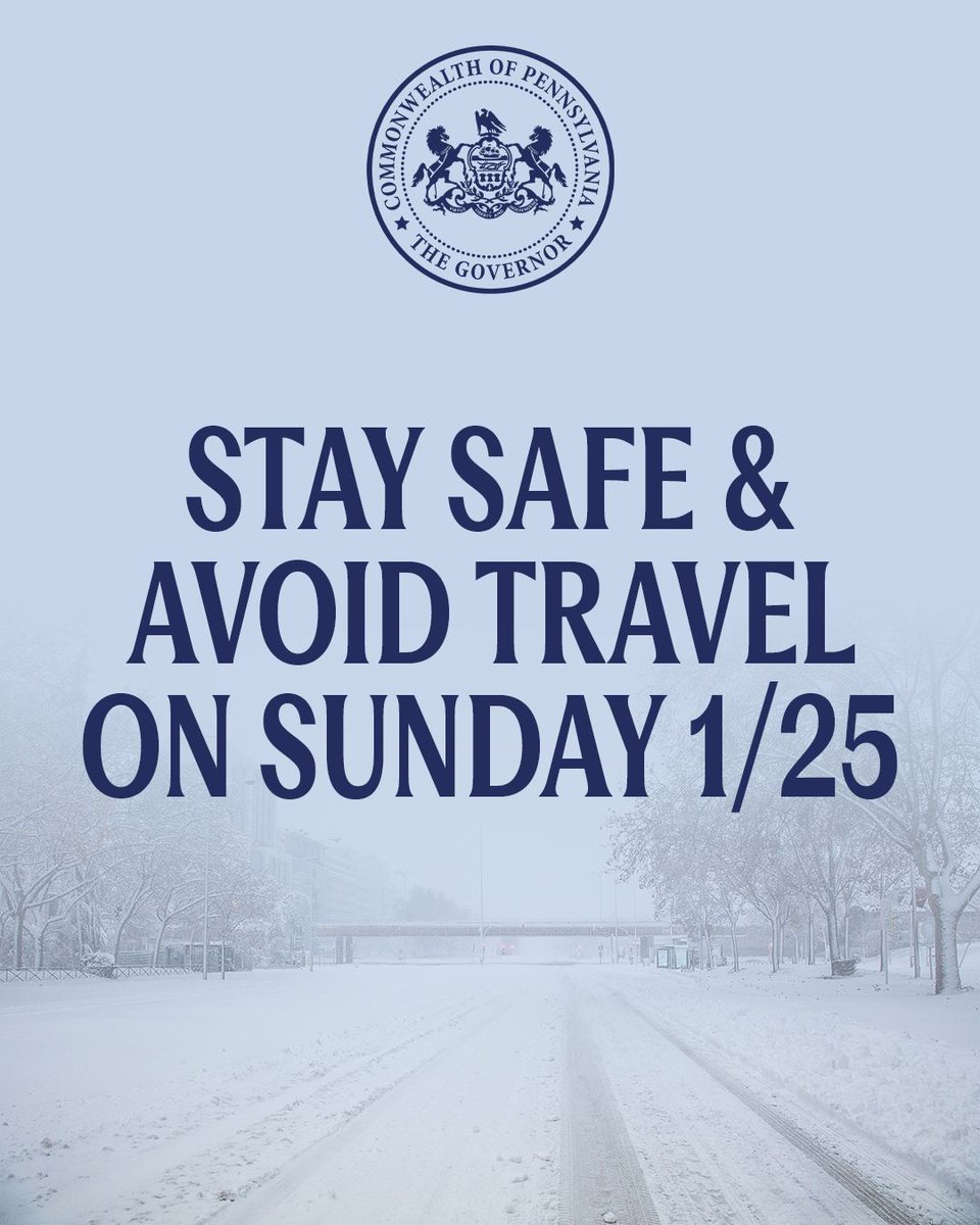 Please continue to follow <a href="/PEMAHQ/">Pennsylvania Emergency Management Agency</a> for updates, stay off the roads during the storm, and listen to the guidance of your local officials.
 
Stay safe, Pennsylvania.