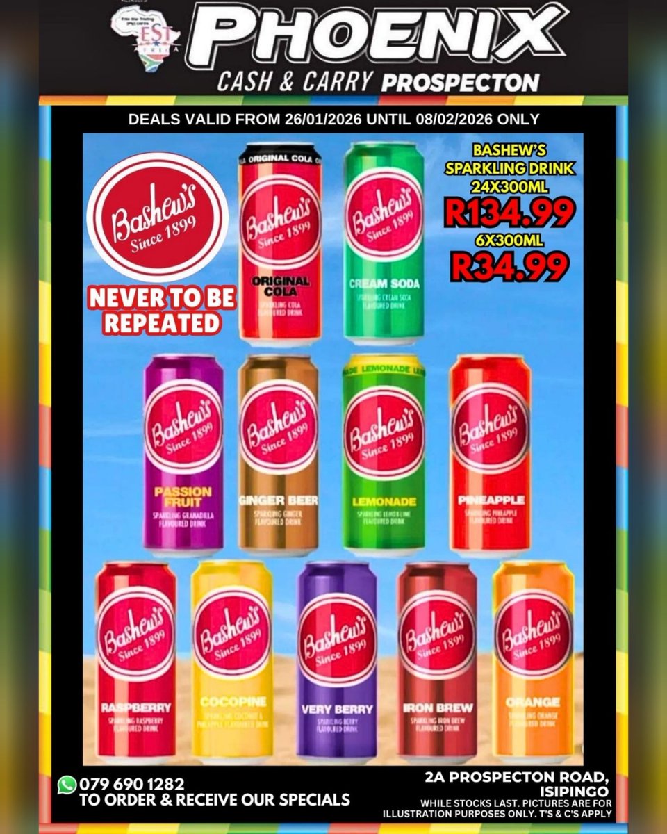 phxprospecton's tweet photo. 🇿🇦 Bashew's Cooldrinks 🇿🇦
Never To Be Repeated...
Get More Deals In-Store...
Promotion valid from 26/01/2026 to 08/02/2026.
Promotion valid whilst stocks last.!!!
Products may vary from pictures.
#phoenixcashandcarryprospecton #phoenixcashandcarry #prospecton #isipingo https://t.co/vw9eDyrjW9