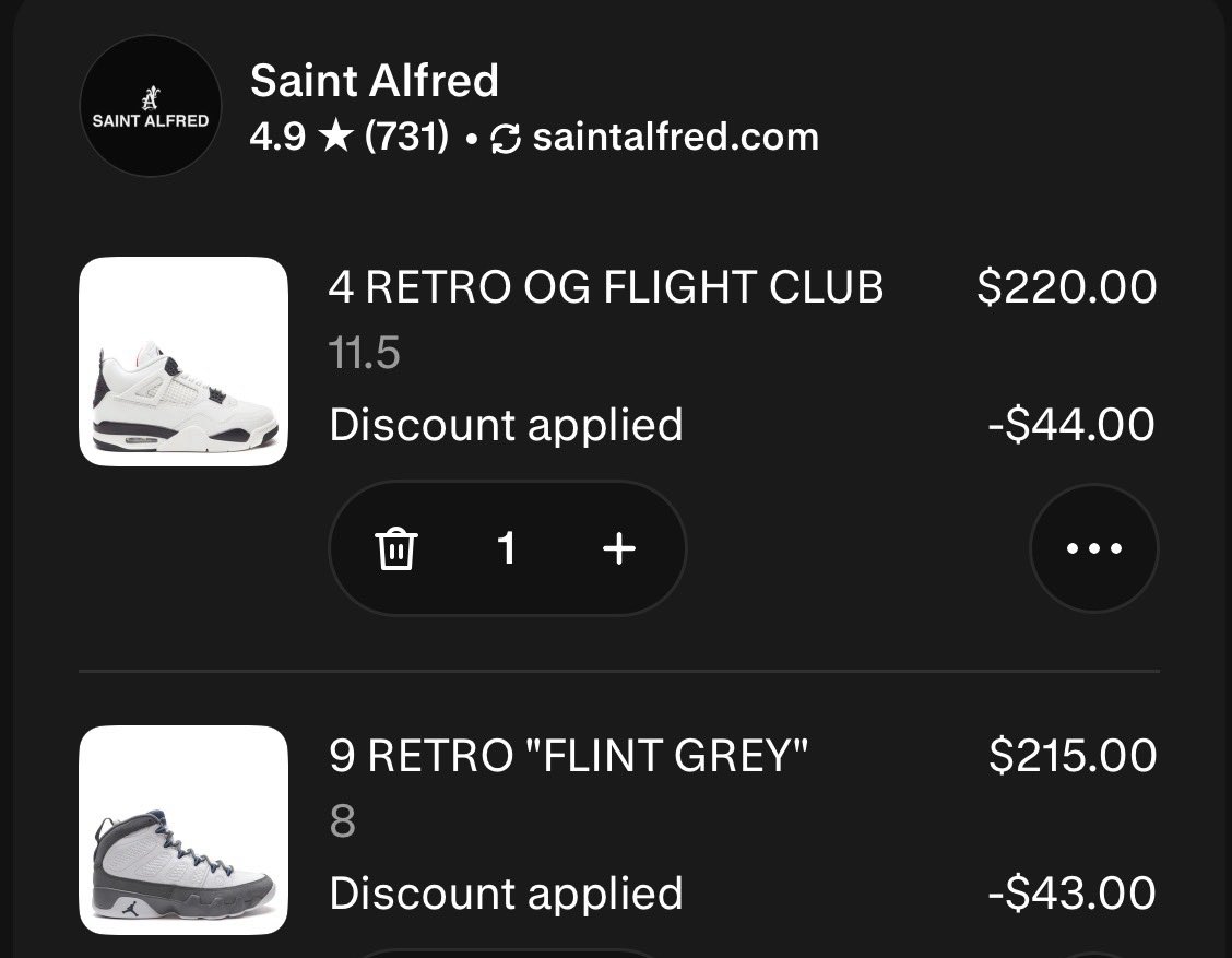 20% off Jordan 9 ‘Flint Grey’ and Jordan 4 ‘Flight Club’ saintalfred.com/collections/jo…