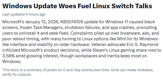 cmuratori's tweet photo. Even the AI summarizer has noticed that it is the Year of the Linux Desktop! https://t.co/tyN8RWnpig