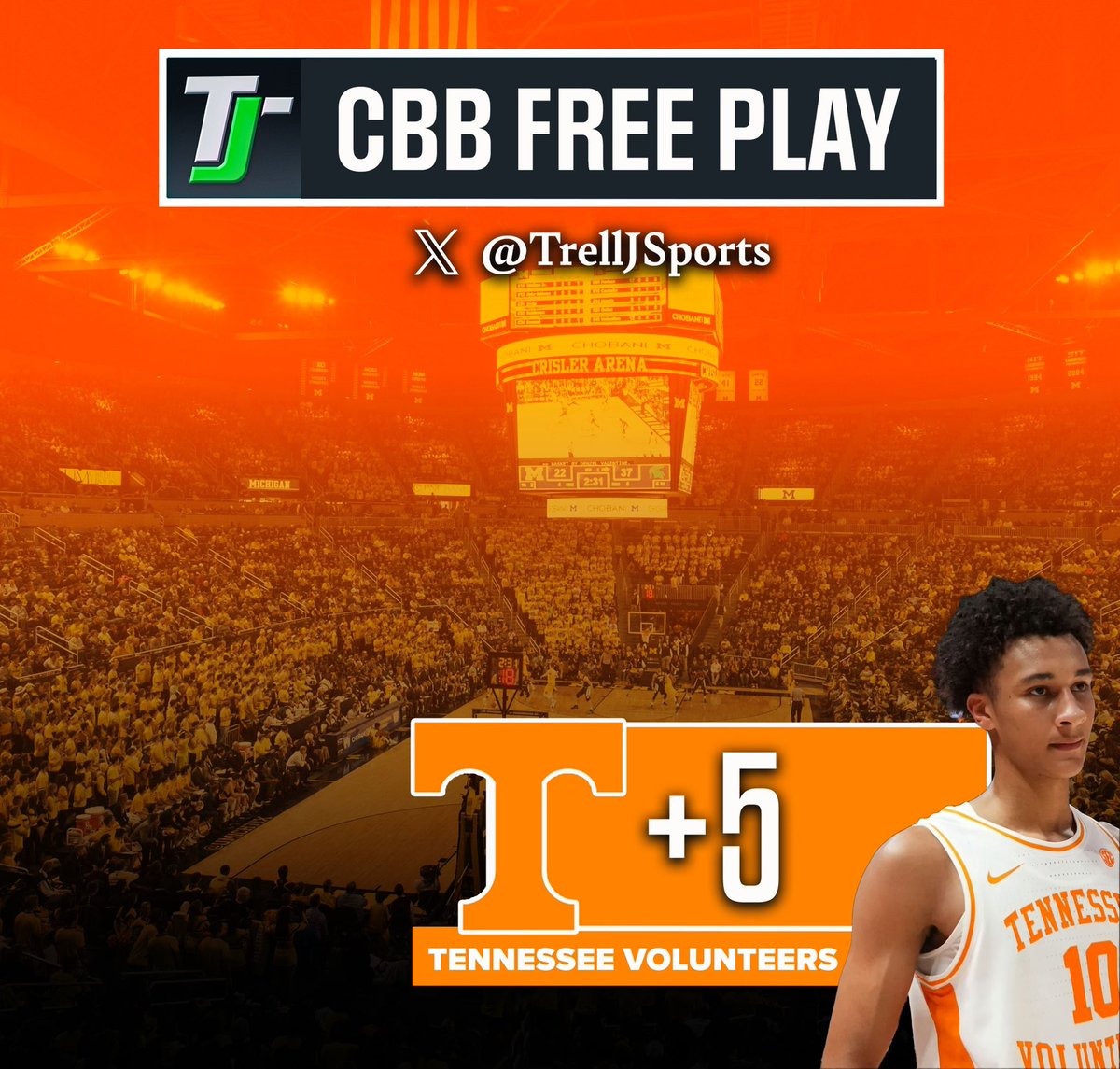 TrellJSports's tweet image. 🏀 CBB POD 

Tennessee Volunteers +5 (-120) 3U ⭐️ 

Like if riding with me 🧡

#GoVols 🍊