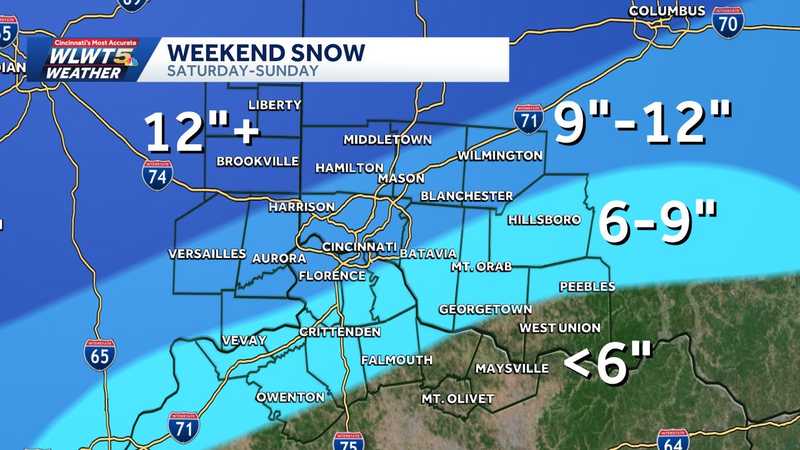 WLWT's tweet photo. WHAT TO EXPECT: Snow is arriving across the area and will continue tonight, before intensifying overnight.

Which areas of Greater Cincinnati will see the most snow by Sunday night?
https://t.co/1vtYJwPT2W https://t.co/arJul5aDZu