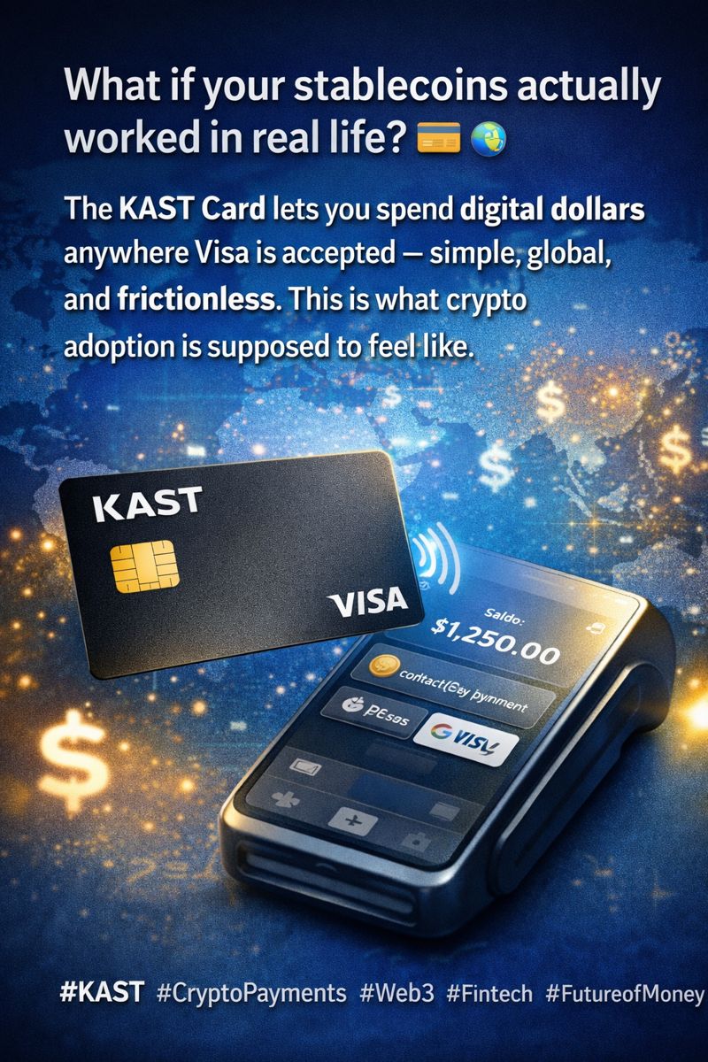 BrunaMaset's tweet photo. What if your stablecoins actually worked in real life? 💳🌍

The KAST Card lets you spend digital dollars anywhere Visa is accepted — simple, global, and frictionless.

This is what crypto adoption is supposed to feel like. https://t.co/qmGPNtv4S6
