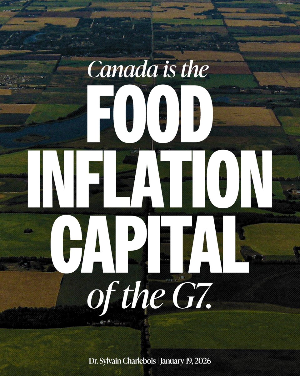 PierrePoilievre's tweet image. Mark Carney said that a country that can’t feed itself has few options.

He has made Canada the “food inflation capital of the G7,” with prices rising twice as fast here as in the U.S. 

People can't eat speeches. They need him to remove his hidden taxes on food production and…