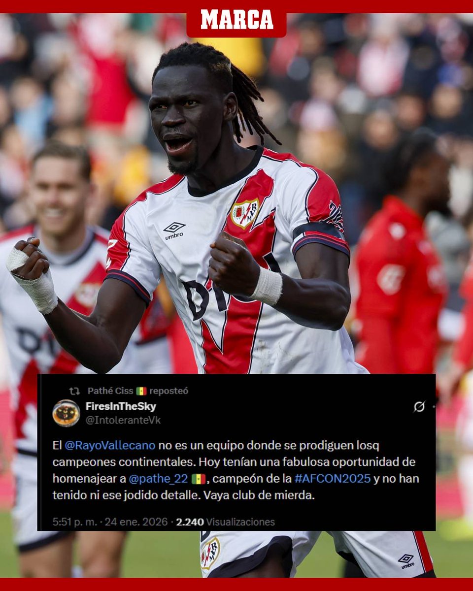 MakhtarDime's tweet image. Le silence méprisant du Rayo Vallecano !

Pathé Ciss, champion d’Afrique 2025 avec le Sénégal, n’a reçu aucune félicitation de son club, le Rayo Vallecano. Pas un mot, pas un message.

La frustration du joueur est palpable. Il a d’ailleurs retweeté ce tweet sans équivoque :

«…