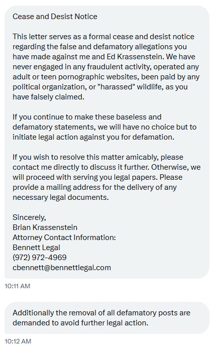 goddek's tweet image. It’s been 18 months since Brian @krassenstein sent me his self-written “masterpiece” of a cease-and-desist notice. I neither ceased nor desisted. Instead, I proved that the Krassensteins were trading in child porn domains and harassing wildlife.