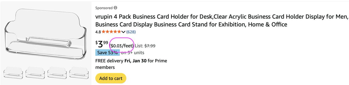 Amazon is such garbage these days. 

Who in their right mind is pricing business card holders by the foot?