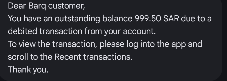 LordkidKenneth's tweet photo. @barq Woke up to this message that I have outstanding balance of 999.50, no details for this transaction https://t.co/QHQbdLNvLW