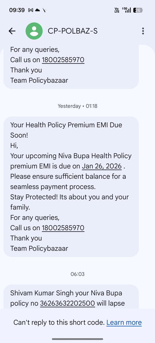 ShivamKumar7243's tweet photo. @policybazaar @NivaBupaSupport 
It's really disgusting to see such messages. I paid my premium on 15 January which is 11 days earlier from the due date. 
Still I'm getting such messages? 
I have also attached the screenshot of payment confirmation. Niva Bupa too sends messages. https://t.co/dqCGiNMMzr