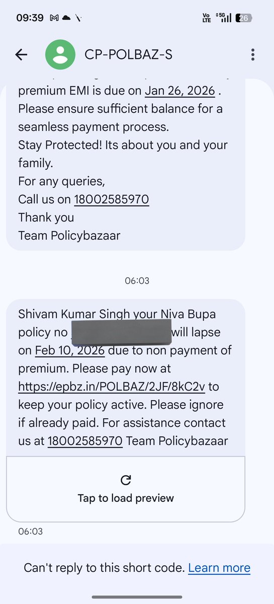 ShivamKumar7243's tweet photo. @policybazaar @NivaBupaSupport 
It's really disgusting to see such messages. I paid my premium on 15 January which is 11 days earlier from the due date. 
Still I'm getting such messages? 
I have also attached the screenshot of payment confirmation. Niva Bupa too sends messages. https://t.co/dqCGiNMMzr