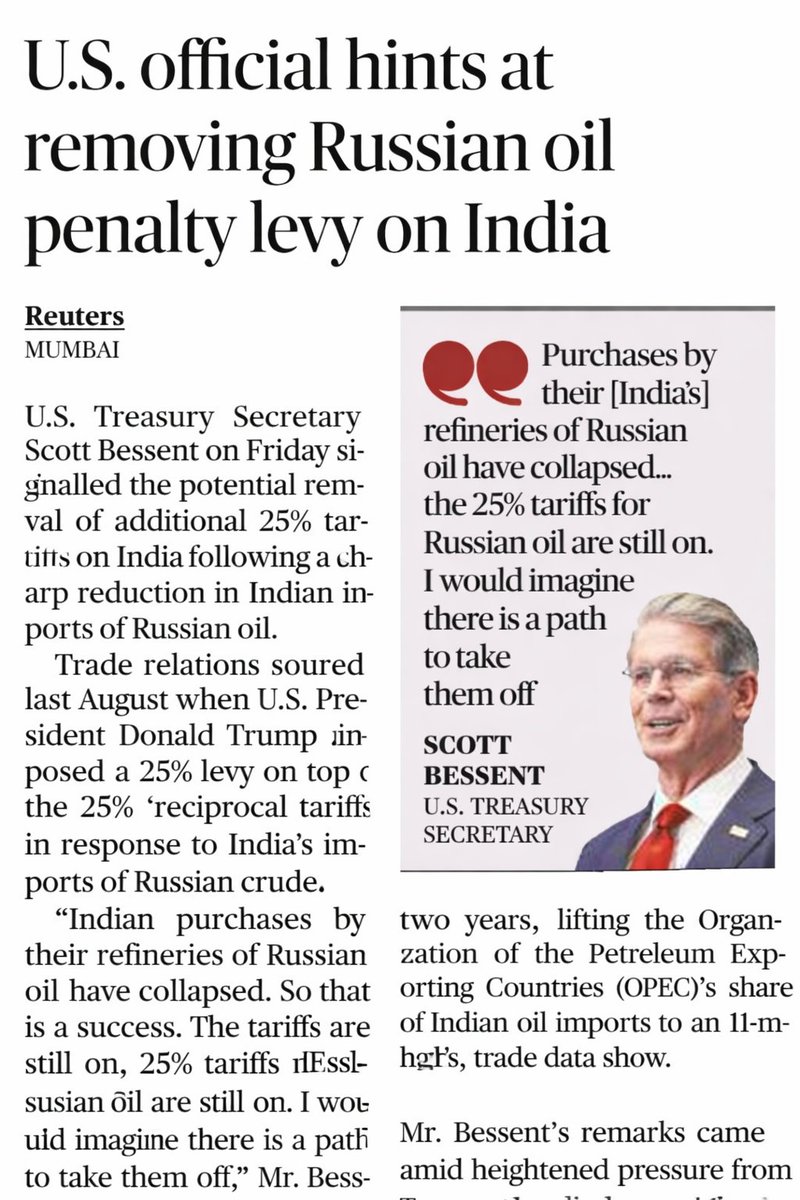 India–US Trade Gets a Positive Signal
-------------------------------------------
A constructive shift is visible in India–US trade relations as the United States has hinted at removing the additional 25% penalty linked to India’s Russian oil imports. As reported by Reuters, this