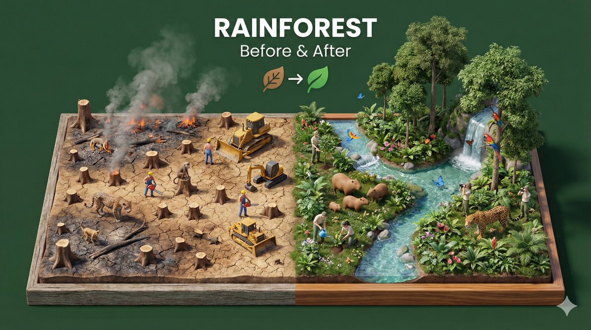 aleenaamiir's tweet photo. “Before vs After” Dioramas

Gemini Nano Banana Pro Prompt:

Create a clear, 45° top-down isometric miniature 3D split diorama showing [SUBJECT] before and after [TRANSFORMATION].

Use soft refined textures, realistic PBR materials, and balanced lighting across both sides.
Design a single raised base divided into two environments with contrasting details.

Include tiny stylized people to emphasize scale and change (no facial details).

Use a clean solid [BACKGROUND COLOR] background.

At the top-center, display [SUBJECT NAME] in large bold text, beneath it show ‘Before & After’ in medium text, and place a minimal transformation icon below.

All text must automatically match the background contrast (white or black).