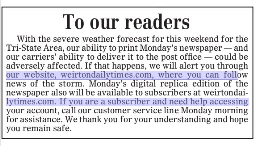 WeirtonDlyTimes's tweet image. A note to our readers concerning Monday's edition: