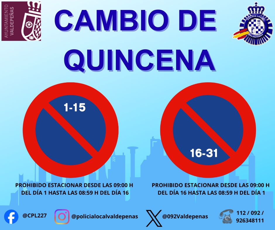 092Valdepenas's tweet photo. Recordamos que mañana hay cambio de quincena de estacionamiento. Queda prohibido estacionar desde las 09:00 h de la mañana en lado de la calzada donde se ve la señal de la izquierda.
◀️◀️
#EstaryServir
#ValdepeñasSegura
#ValdepeñasInformada
#PoliciaLocalValdepeñas
#CPL227 https://t.co/2Qtb266Xju