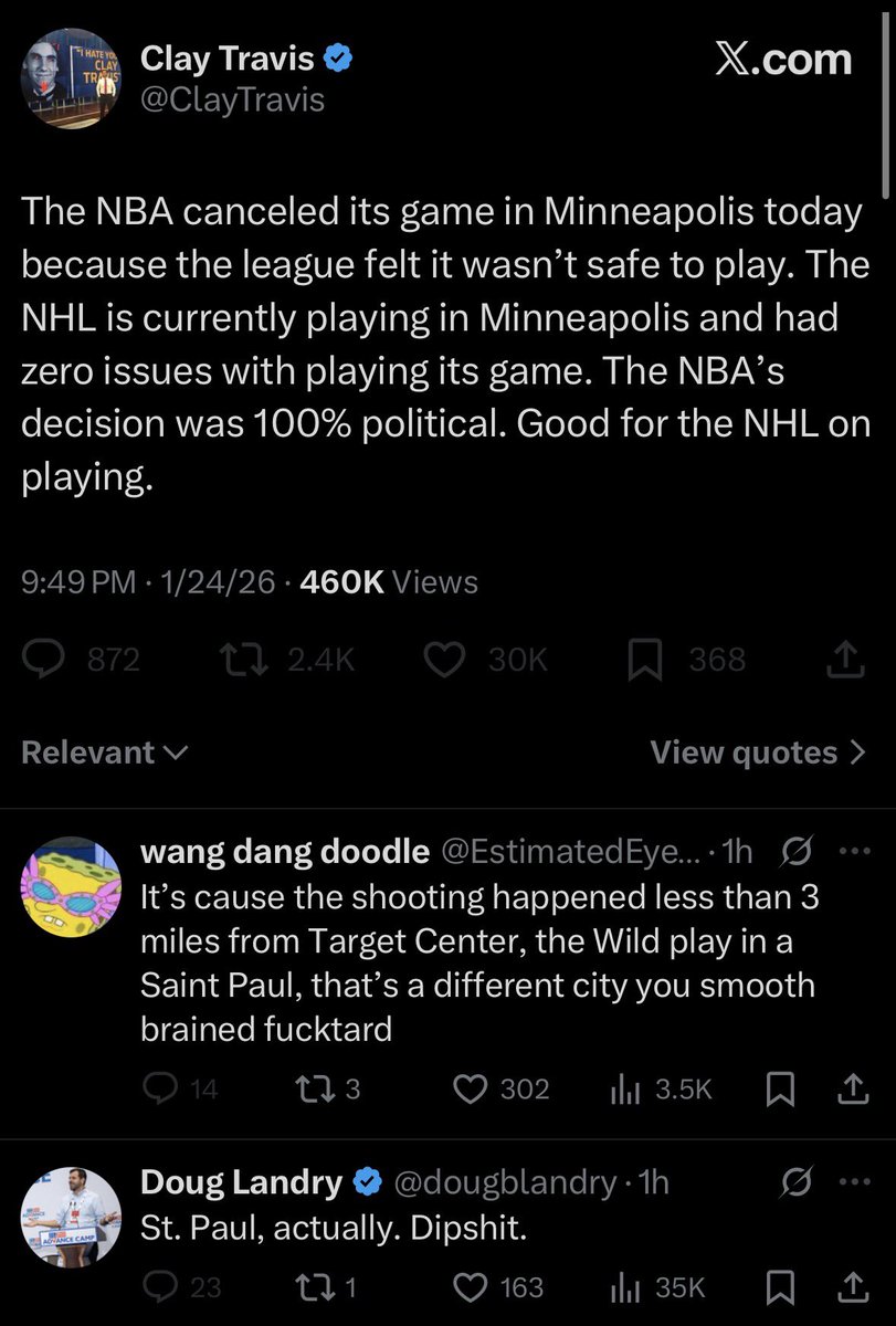ExposingClay's tweet image. Clay Travis tries to use federal murder in Minneapolis to take a shot at NBA and then gets torched in mentions due to his own idiocy.

10/10. No notes.