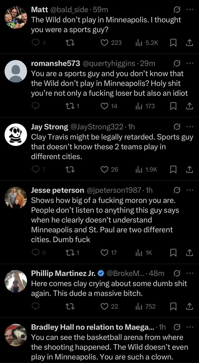 ExposingClay's tweet image. Clay Travis tries to use federal murder in Minneapolis to take a shot at NBA and then gets torched in mentions due to his own idiocy.

10/10. No notes.