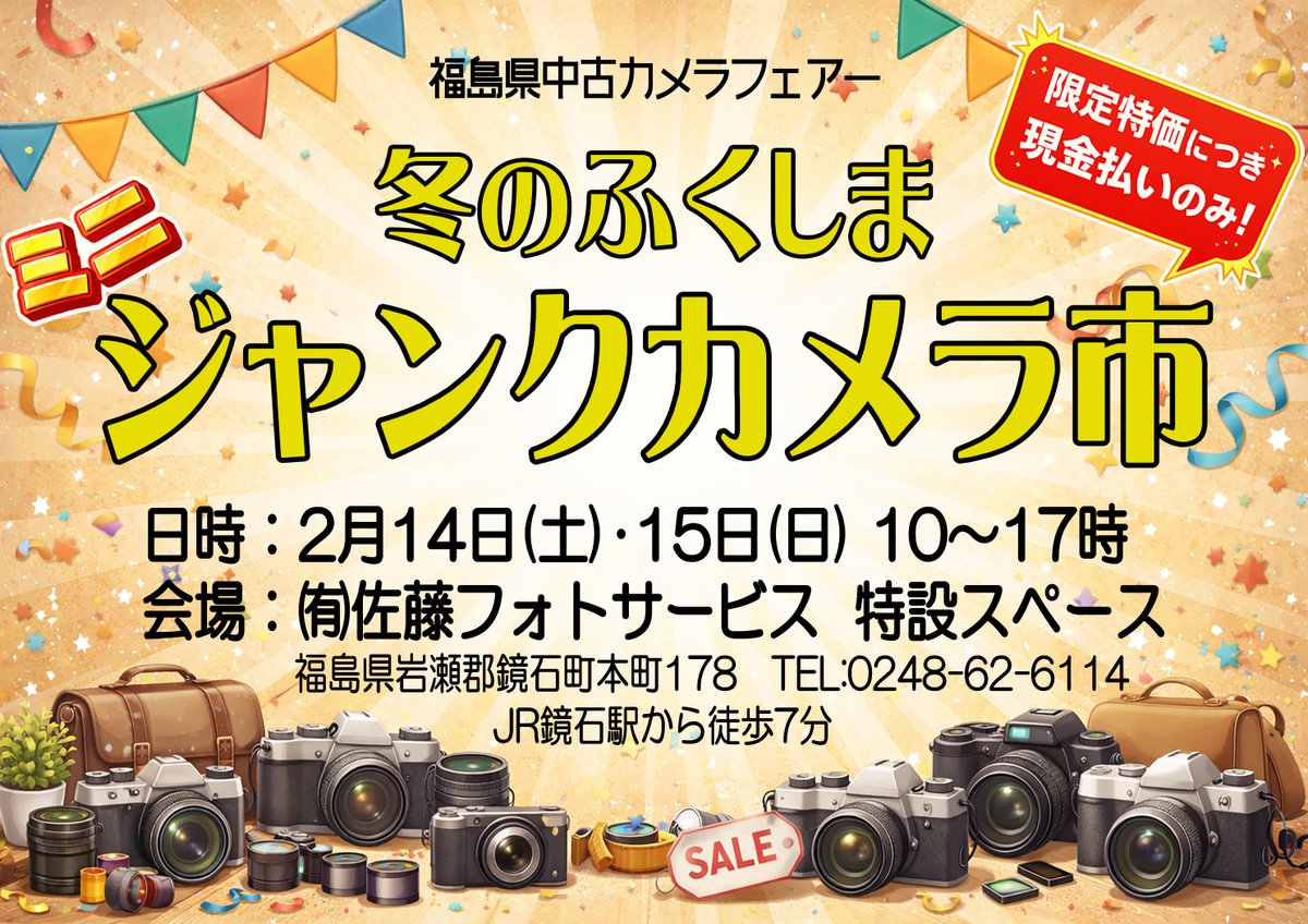 FukushimaCamera's tweet photo. 冬のジャンク市開催決定！
現状品･ジャンク品を中心に並べます！！
お楽しみに♪

冬のふくしま ミニジャンクカメラ市
日時：2月14日(土)･15日(日) 10:00～17:00
会場：㈲佐藤フォトサービス(鏡石町) 特設スペース

#中古カメラ市 #カメラ市 #中古カメラ #中古レンズ #ジャンクカメラ #福島 #鏡石 https://t.co/J1Sm9eafUN