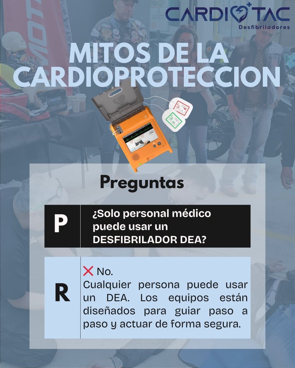 CardioTacMex's tweet photo. Mito: solo el personal médico puede usar un desfibrilador. Realidad: los DEA están diseñados para ser utilizados por cualquier persona capacitada, guiando el proceso paso a paso.Invertir en capacitación y cardioprotección es una decisión estratégica en prevención y seguridad. https://t.co/YHx5uFcDo8
