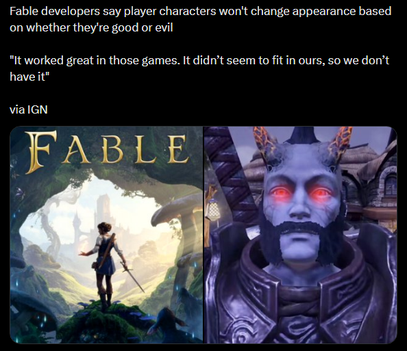 kabrutusdeid's tweet photo. Then it won't be a Fable game

Dude imagine the fanbase waiting more than 15 years for this, they are getting rid of everything that made Fable unique https://t.co/S4mdx4709W