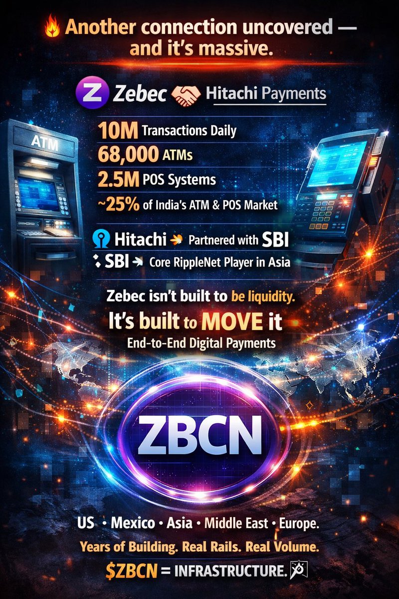 CaptainZackZBCN's tweet image. 🏴‍☠️Pirates Another connection uncovered and it’s massive.

@Zebec_HQ 🤝 @Hitachi Payments
10M transactions daily
68,000 ATMs
2.5M POS systems
~25% of India’s ATM &amp;amp; POS market

Hitachi → partnered with SBI
SBI → core RippleNet player in Asia

Zebec isn’t built to be liquidity.…
