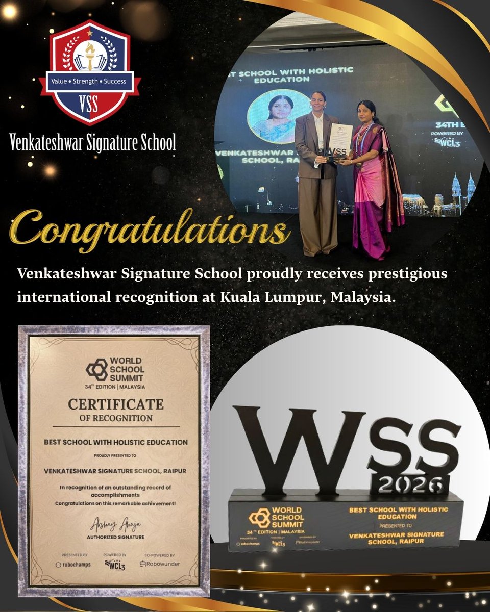 vssraipur1's tweet photo. Best School with Holistic Development 🏆

Venkateshwar Signature School proudly receives prestigious international recognition at Kuala Lumpur, Malaysia, reaffirming our commitment to academic excellence, innovative learning, and holistic student development. https://t.co/TtIH7Lt0Gh