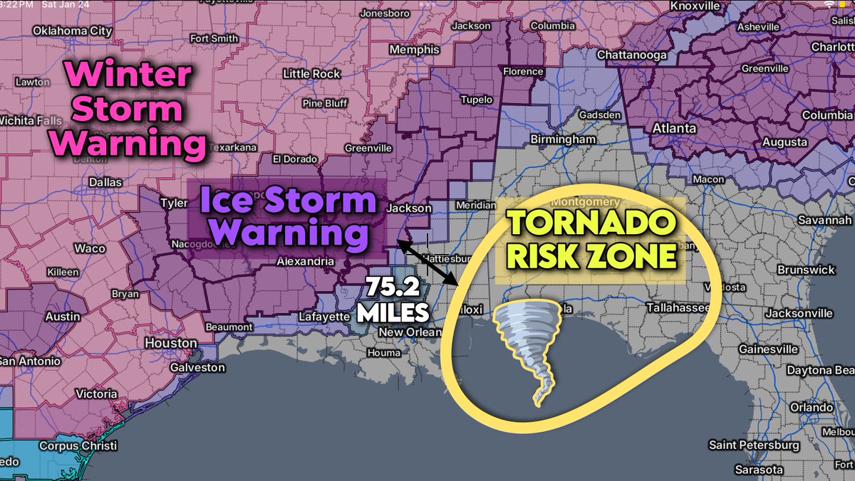 It is absolutely wild to me that only 75 miles separates an ice storm from a rather noteworthy January tornado risk. An isolated significant tornado can't be ruled out given the wind shear present.