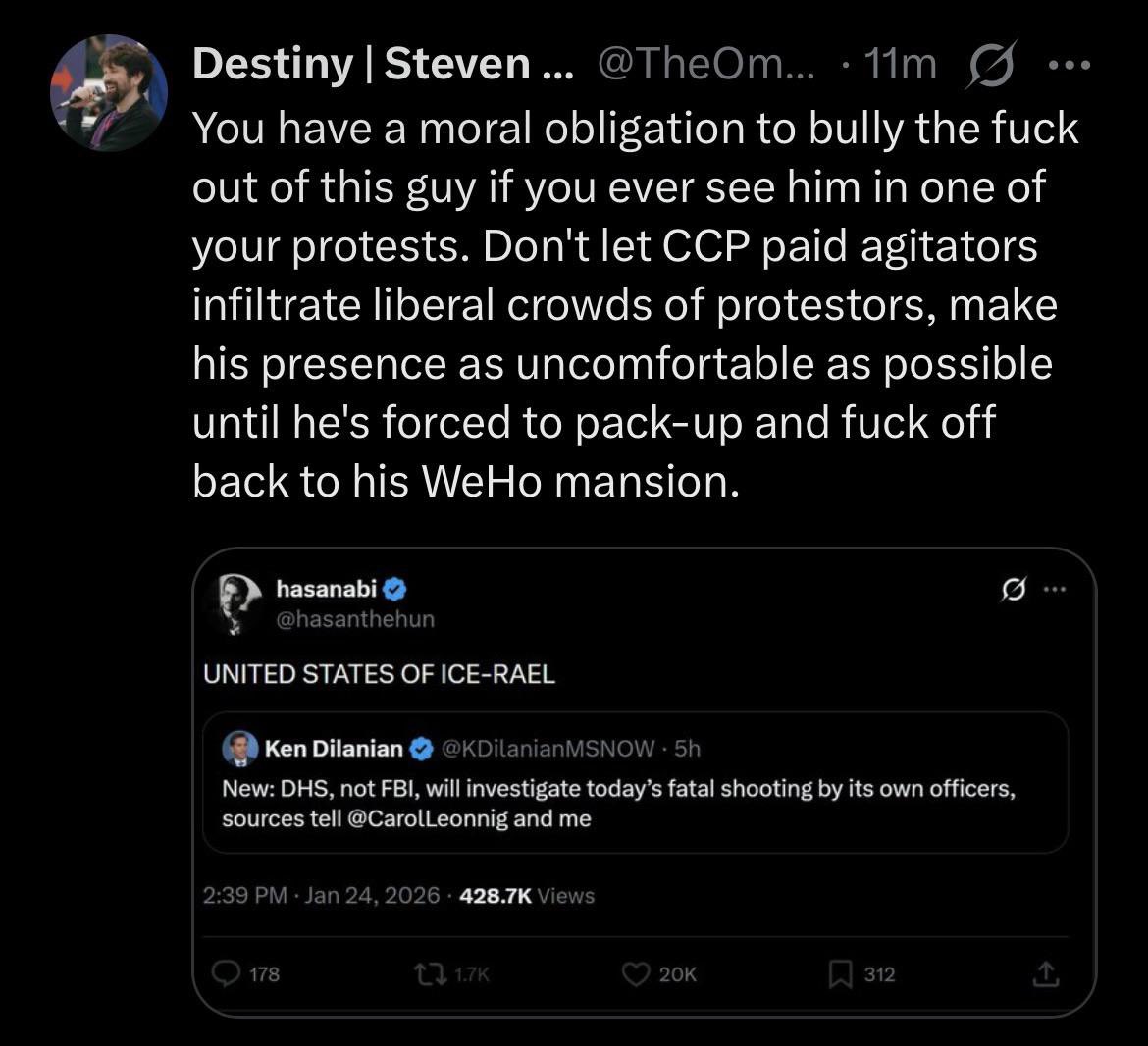 hasanthehun's tweet image. the fascist administration is laying siege on an american city killing american citizens while calling them terrorists and this fucking disgraced pedophilic debate pervert is demanding his remaining fans harass me while i’m trying to offer a voice to the people protesting