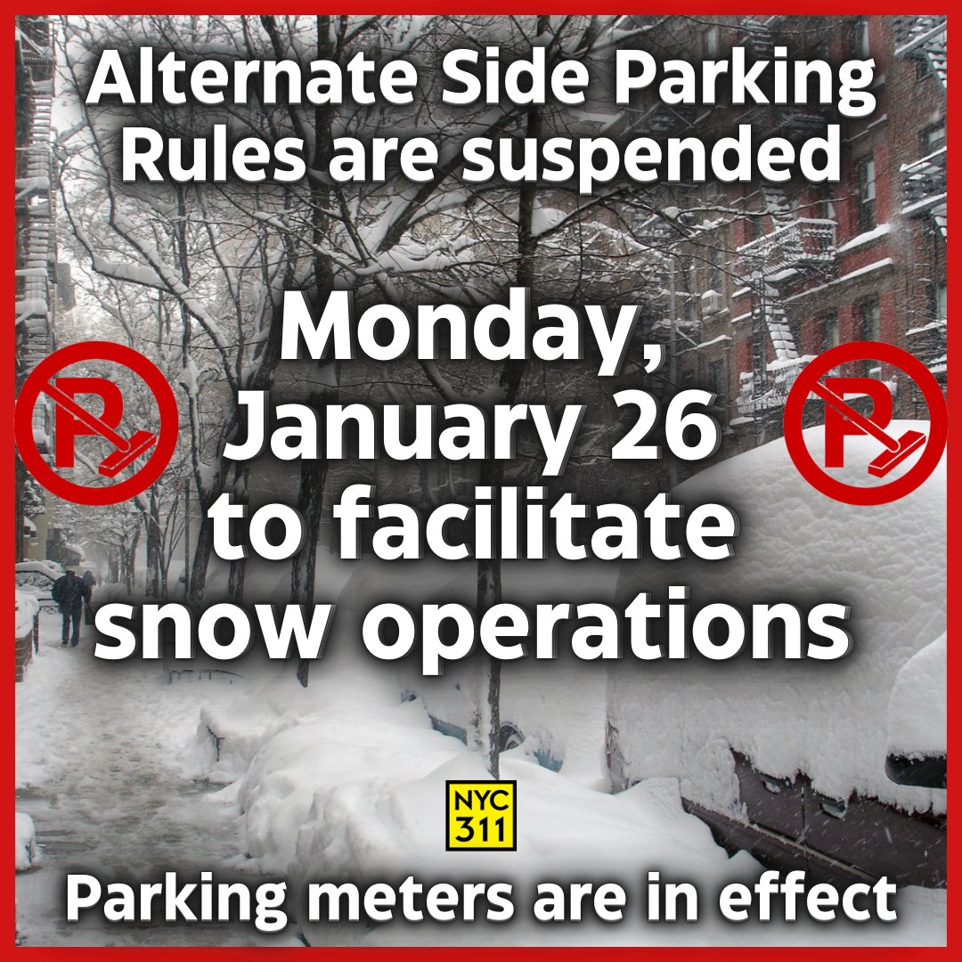 UPDATE: #NYCASP rules will be suspended on Monday, January 26, to facilitate snow operations.

Parking meters will remain in effect.

🚗Get twice daily ASP updates on X (Twitter): on.nyc.gov/NYCASP 

📱Download our app for push notifications: on.nyc.gov/311MobileApp