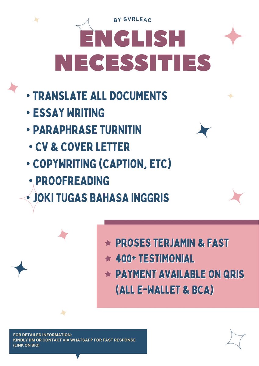 svrleac's tweet photo. Yuk yang butuh jasa translate eng indo, essay, parfarase turnitin, joktug, cv/cover letter, proofread bisa dm/wa aku aja ya <3
📌 proses terjamin &amp; fast
🖇️ 450+ testi
🌼 payment qris &amp; bca

#zonauang #zonajajan #zonaBA #jokitugas #jasatranslate #turnitin #parafrase #proofreading https://t.co/K81tl8xIUR
