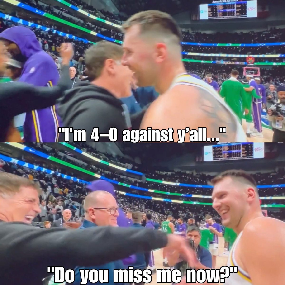 Hoopss's tweet image. Luka Doncic had something to say to Mark Cuban after the comeback win 🤣