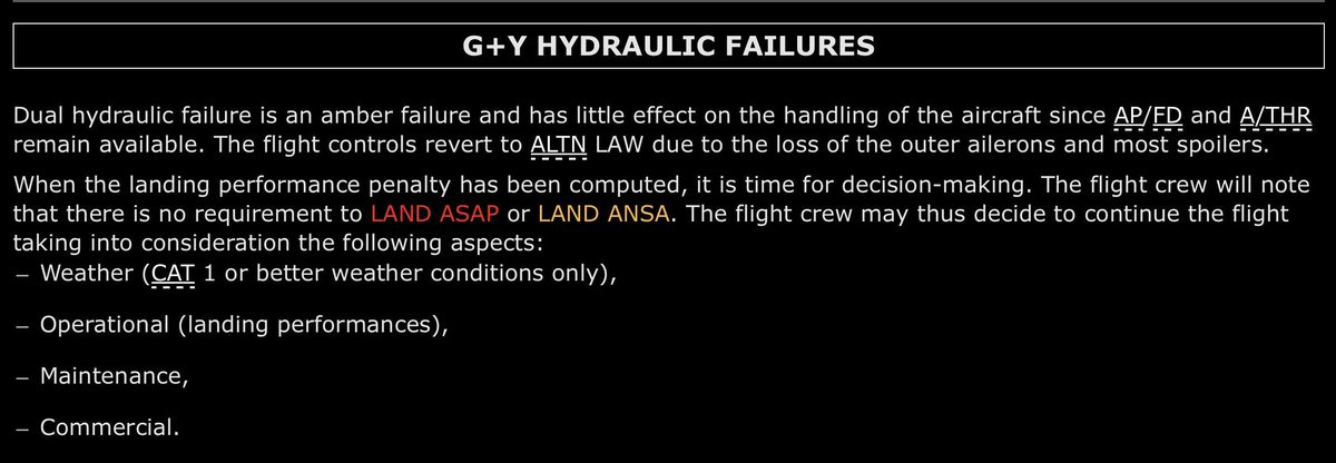 Mind-blowing engineering from the Airbus A380.

The Flight Crew Techniques Manual (FCTM) states that even with a dual hydraulic failure, the aircraft can still fly safely to its destination.

And just for info, the A380 has only two hydraulic systems: Green &amp; Yellow.

That's