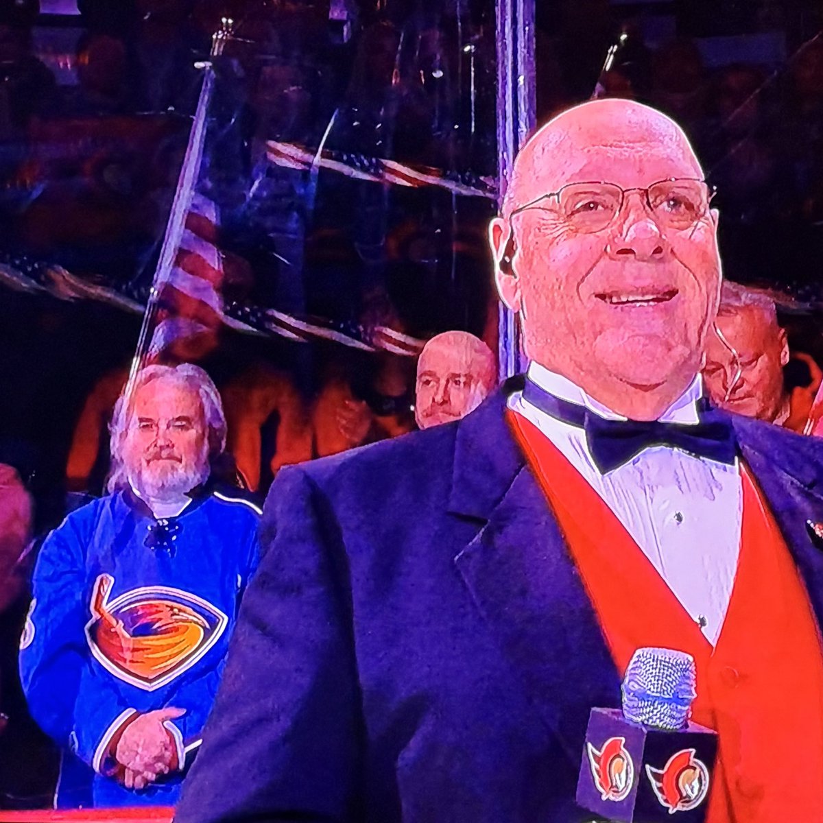 thenickgratton's tweet photo. Kudos to the guy wearing the @NotThrashers jersey behind Lyndon Slewidge tonight https://t.co/8lCerm6wmO