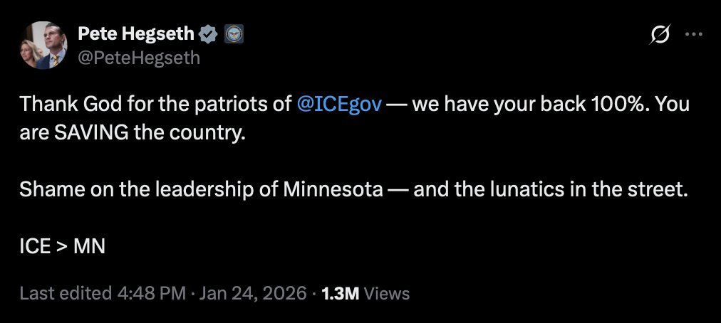 SarahLongwell25's tweet photo. Hegseth suggesting ICE and Minnesota are in competition should nullify all of the administration’s posturing about protecting the state and its people. https://t.co/kxJouzvK4r