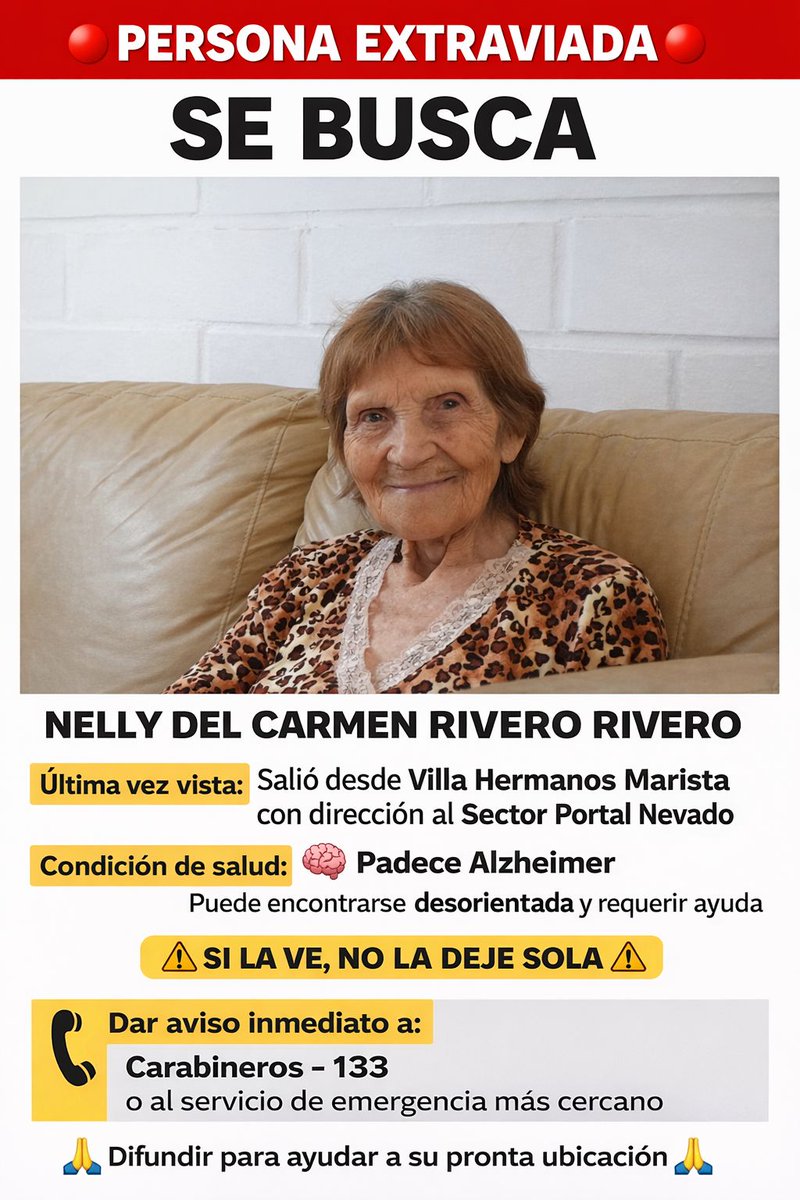 ¡Alerta LAON! Adulta mayor extraviada luego de haber salido desde Villa Hermanos Maristas. Bomberos de Los Andes-Calle Larga efectúa rastreo para poder ubicarla.
