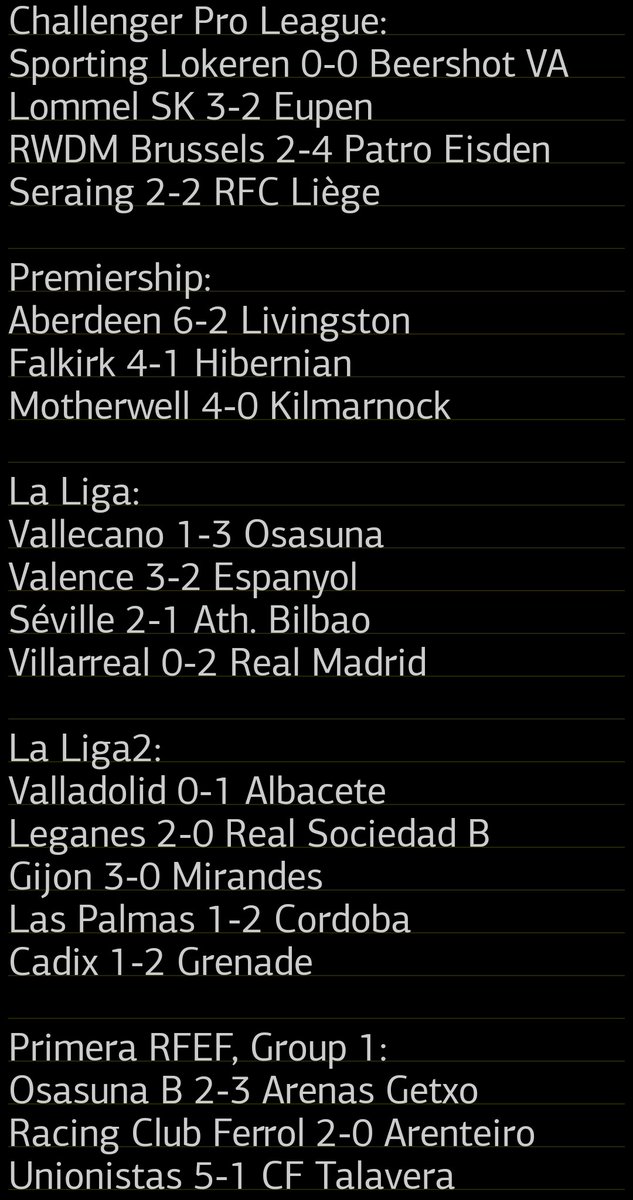 TrisInfoFoot's tweet photo. Les résultats foot d'hier, Samedi 24 janvier: #PremierLeague #WHUSUN #Ligu2BKT #EAGESTAC #LaLiga #SerieA #ComoTorino #BAYAUG #Bundesliga #MCIWOL #Ligue1McDonalds #SRFCFCL #FIOCAG #FCSATH #HACASM #SDRASSE #LecceLazio #VILRMA #OMRCL https://t.co/ZEYGvPyo8L