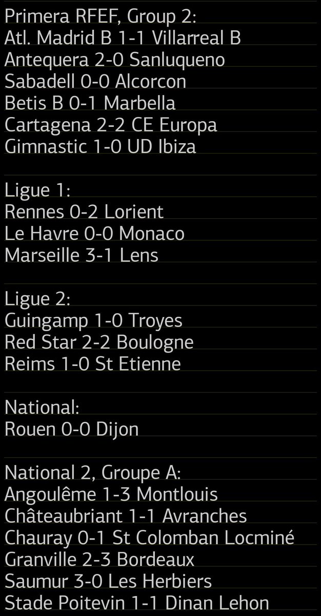 TrisInfoFoot's tweet photo. Les résultats foot d'hier, Samedi 24 janvier: #PremierLeague #WHUSUN #Ligu2BKT #EAGESTAC #LaLiga #SerieA #ComoTorino #BAYAUG #Bundesliga #MCIWOL #Ligue1McDonalds #SRFCFCL #FIOCAG #FCSATH #HACASM #SDRASSE #LecceLazio #VILRMA #OMRCL https://t.co/ZEYGvPyo8L