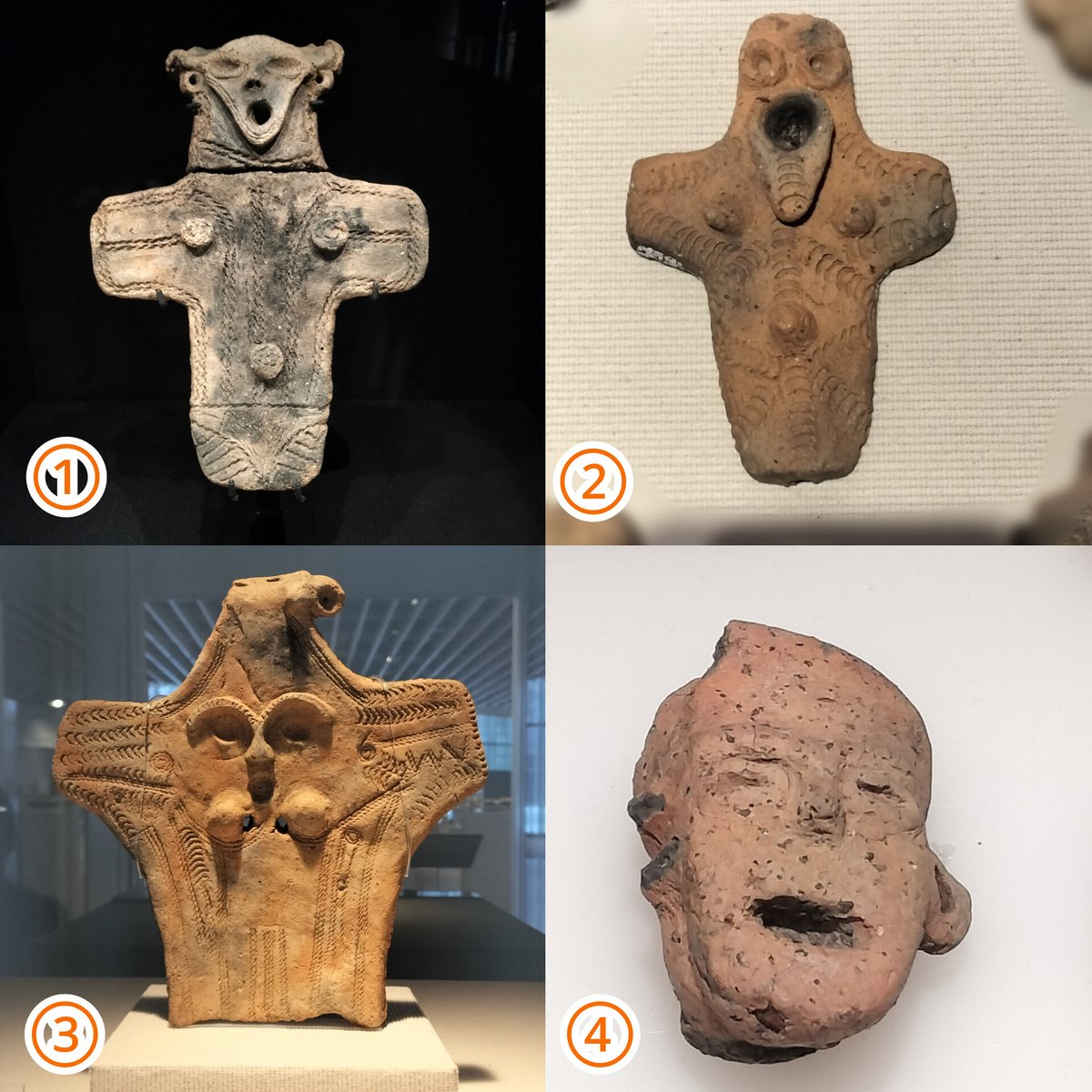 三内丸山遺跡から見つかる土偶は、板状で両腕を横に広げた十字形のもの