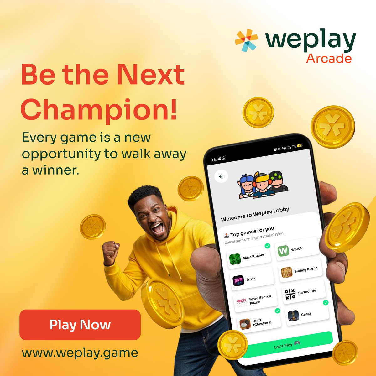WeplayArcade's tweet photo. One lobby. Endless games. Real fun.
Choose your game, enter your play amount, and start playing today on Weplay.🎮
#WeplayArcade #MobileGaming #PlayAndWin #Esports #GamingCommunity #GamerLife #PlayNow #P2PGaming #PlayToWin https://t.co/oboq6vGmvE