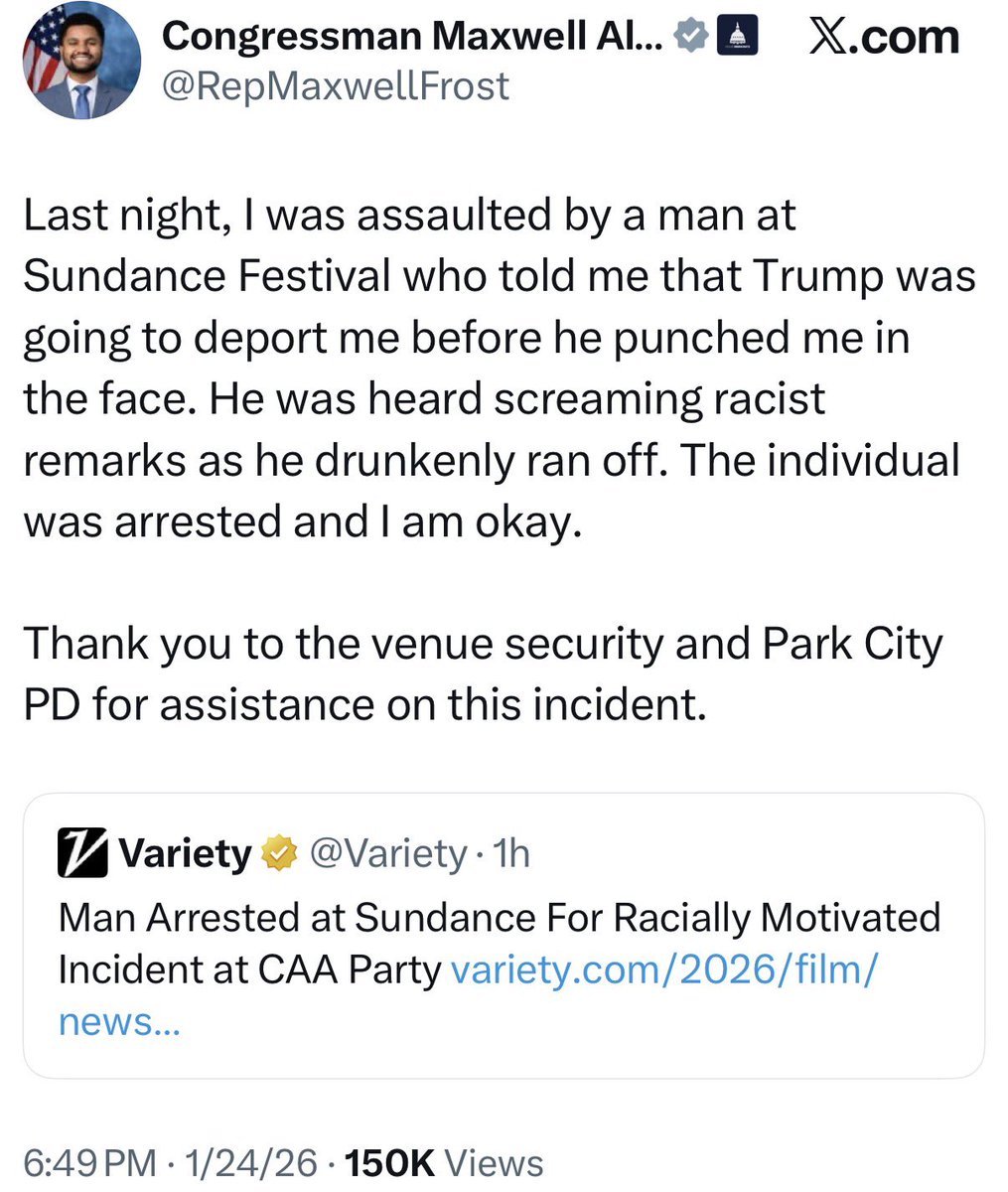 PollTracker2024's tweet image. Rep. Maxwell Frost (D-FL) says he was assaulted by a man at the Sundance Festival who told Frost that Trump was going to deport him before punching him in the face.