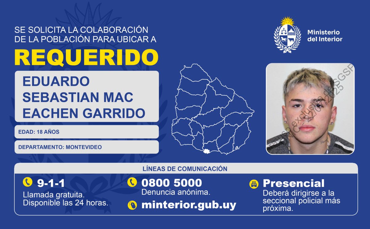 El Ministerio del Interior solicita la colaboración de la población para localizar a Eduardo Sebastián Mac Eachen Garrido, de 18 años, quien se encuentra requerido por su participación en un homicidio cometido el 25 de noviembre de 2025 en la ciudad de Montevideo.