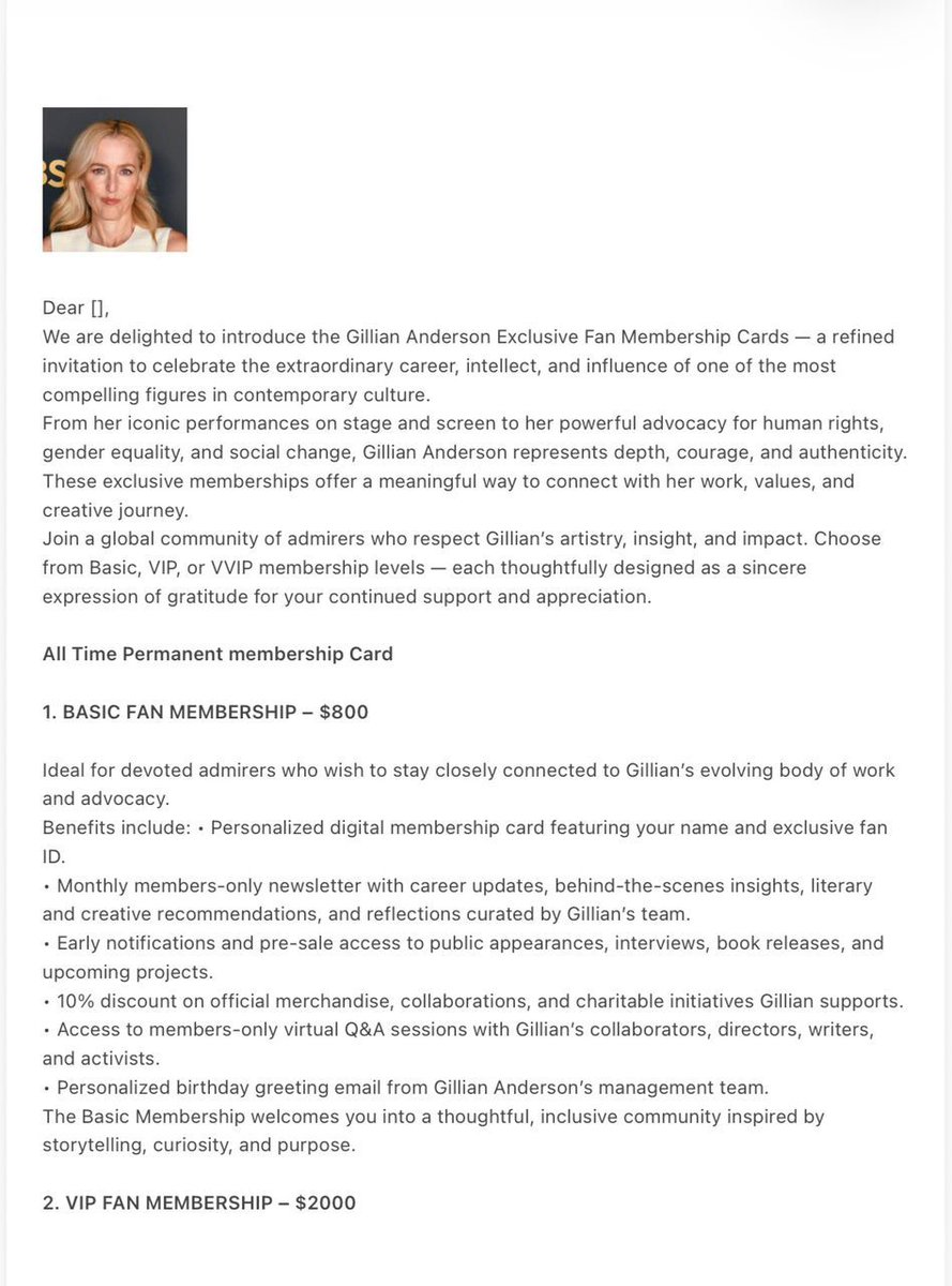 amaranth1978's tweet photo. I Love playing around with scammers/imposers : 

Today : Gillian Anderson 

These are the "Membership - Price - Lists" I got offered -  listing the benefits of each Tier. The first two pictures are for US only, the other two for the rest of the world... 

As info to @GillianA https://t.co/N7GHMuUV9h