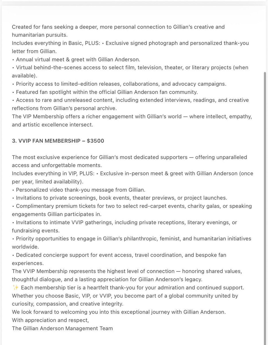 amaranth1978's tweet photo. I Love playing around with scammers/imposers : 

Today : Gillian Anderson 

These are the "Membership - Price - Lists" I got offered -  listing the benefits of each Tier. The first two pictures are for US only, the other two for the rest of the world... 

As info to @GillianA https://t.co/N7GHMuUV9h