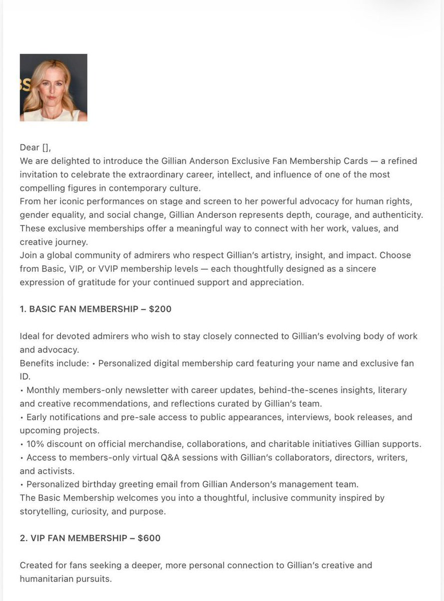 amaranth1978's tweet photo. I Love playing around with scammers/imposers : 

Today : Gillian Anderson 

These are the "Membership - Price - Lists" I got offered -  listing the benefits of each Tier. The first two pictures are for US only, the other two for the rest of the world... 

As info to @GillianA https://t.co/N7GHMuUV9h