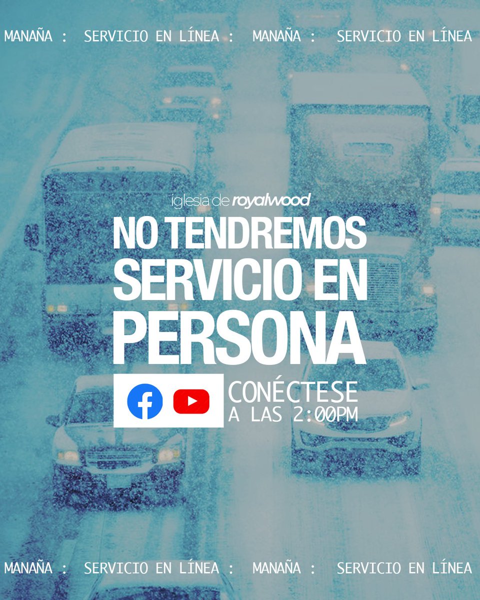 ⚠️ Aviso Importante ⚠️
Debido a la tormenta de frío y a las condiciones peligrosas de las carreteras por el congelamiento, no tendremos servicio presencial.

👉 Sí tendremos nuestro servicio en línea a las 2:00 p.m. 
Conéctense con nosotros a través de Facebook y YouTube.